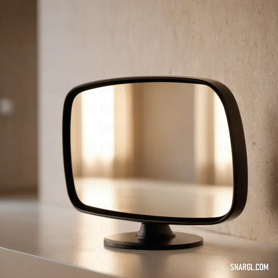 A beautifully framed mirror rests upon a textured shelf, softly illuminated by ambient light that reflects on its surface, creating an inviting atmosphere against a subtle backdrop that adds depth to the scene.