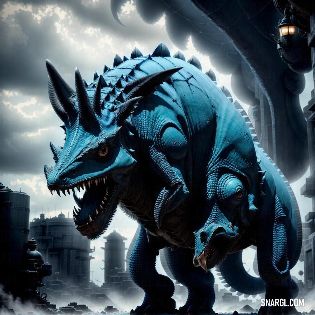 A striking blue dinosaur with large horns and spikes stands tall on a city street, its bold RGB 231,201,210 color adding a touch of fantastical wonder to the urban backdrop.