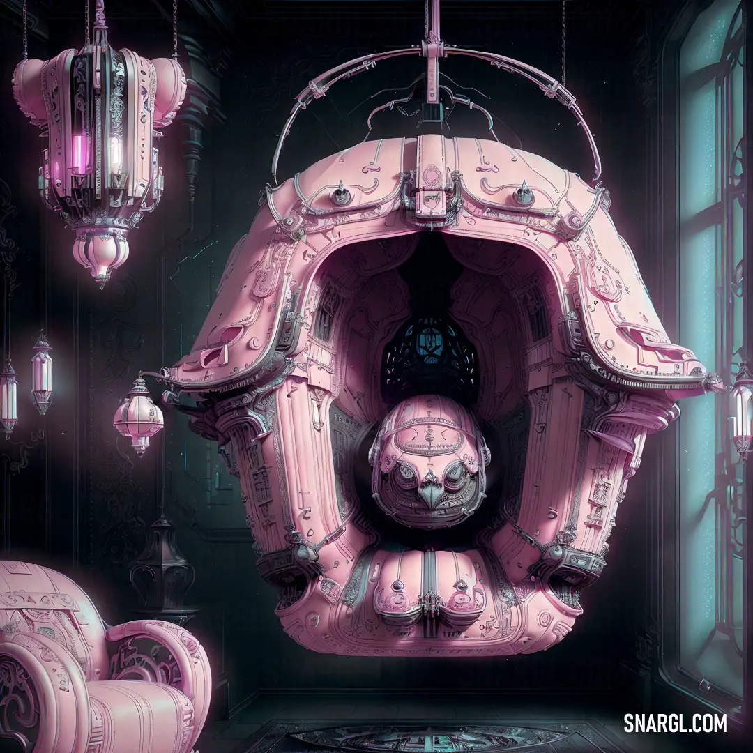Futuristic pink room with a large object in the center of it. Color CMYK 2,23,4,0.