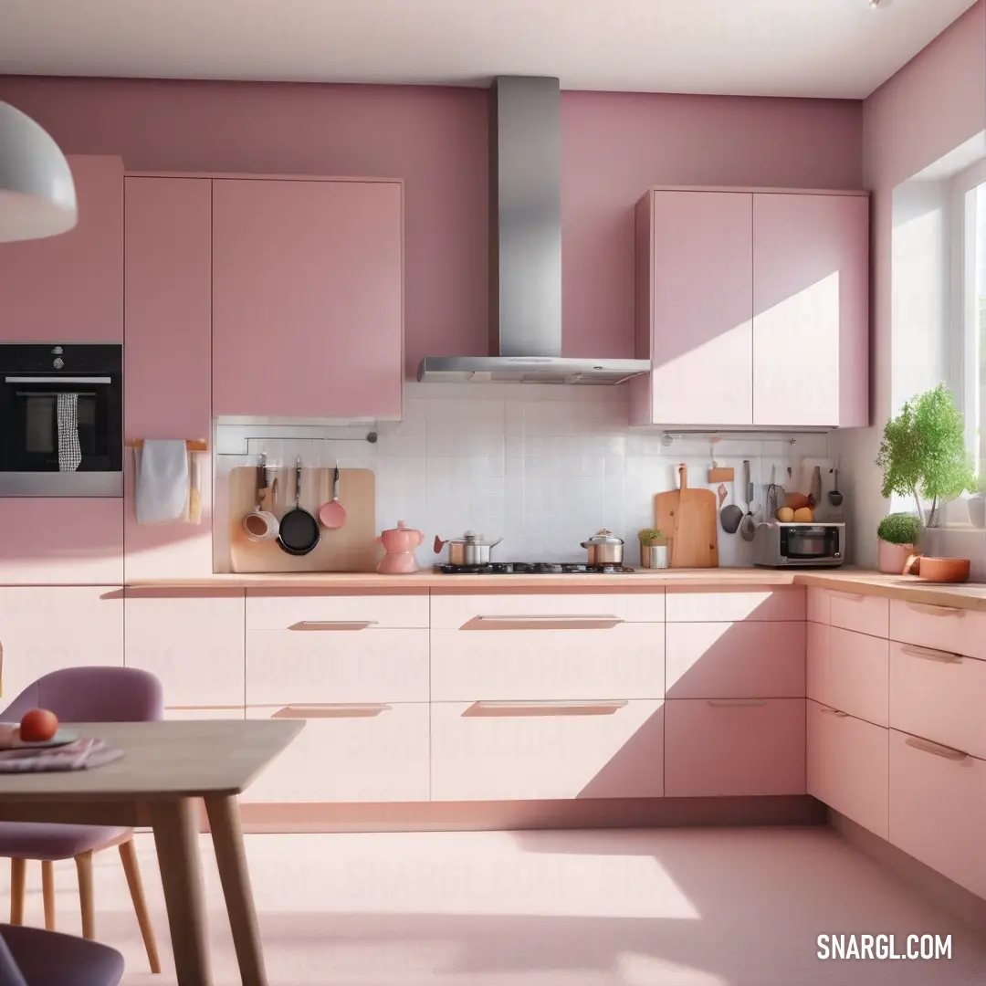 Kitchen with pink cabinets and a table with chairs and a potted plant on it and a window. Color RGB 231,201,210.