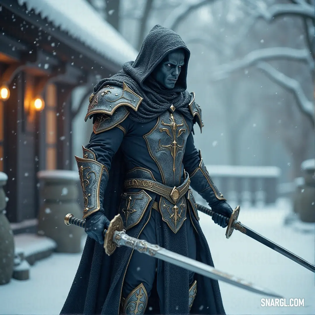 A knight in a striking medieval outfit wields a gleaming sword against a serene snowy backdrop, showcasing the bravery and history of a bygone era. The scene is enhanced by the deep red tones reminiscent of PANTONE 2043.