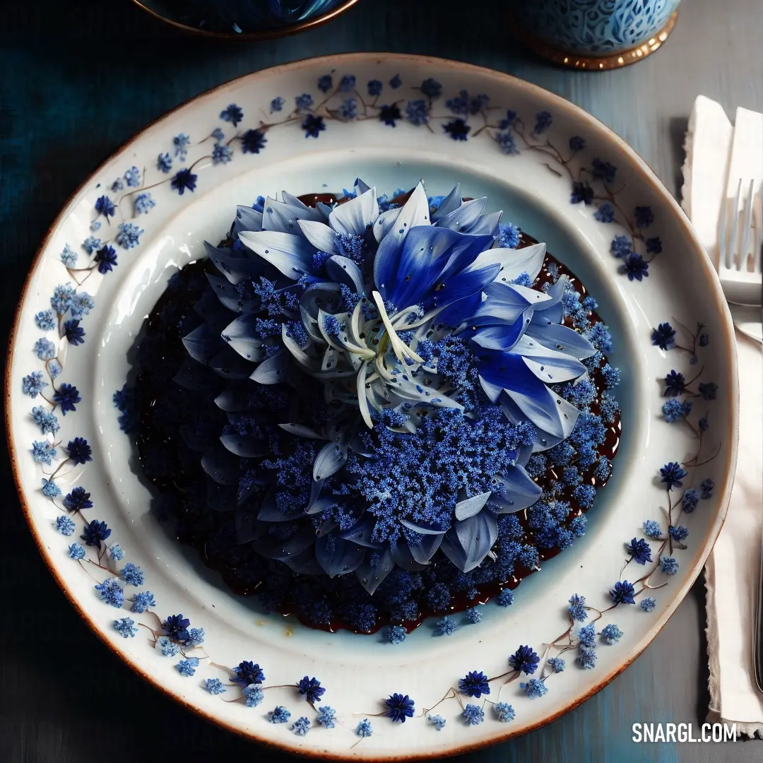 A beautifully arranged cake adorned with delicate blue flowers, sitting on a plate with a fork and knife beside it. The soft #E7C9D2 color adds an elegant touch, making this dessert look as beautiful as it tastes.