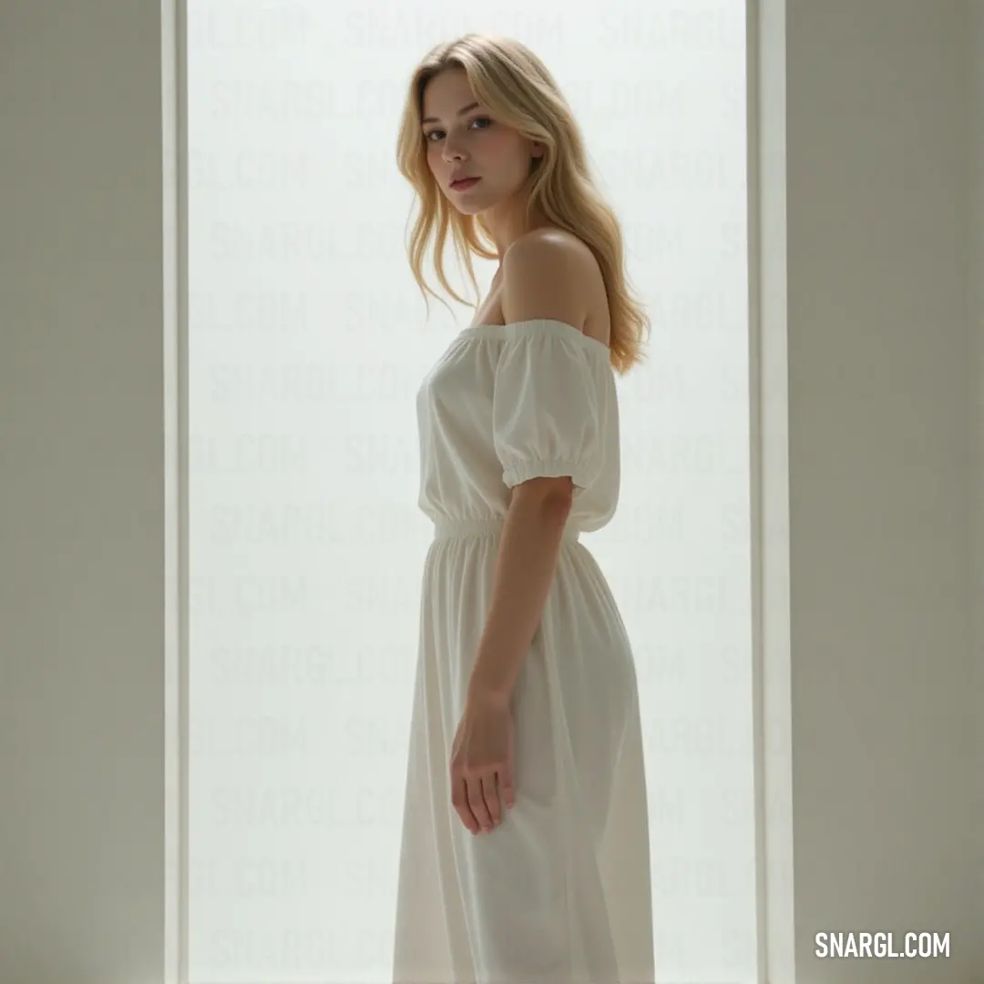 A graceful woman in a flowing white dress is poised in a softly lit room, framed by sunlight streaming through a window, exemplifying elegance with hints of PANTONE 2043 enriching the atmosphere.