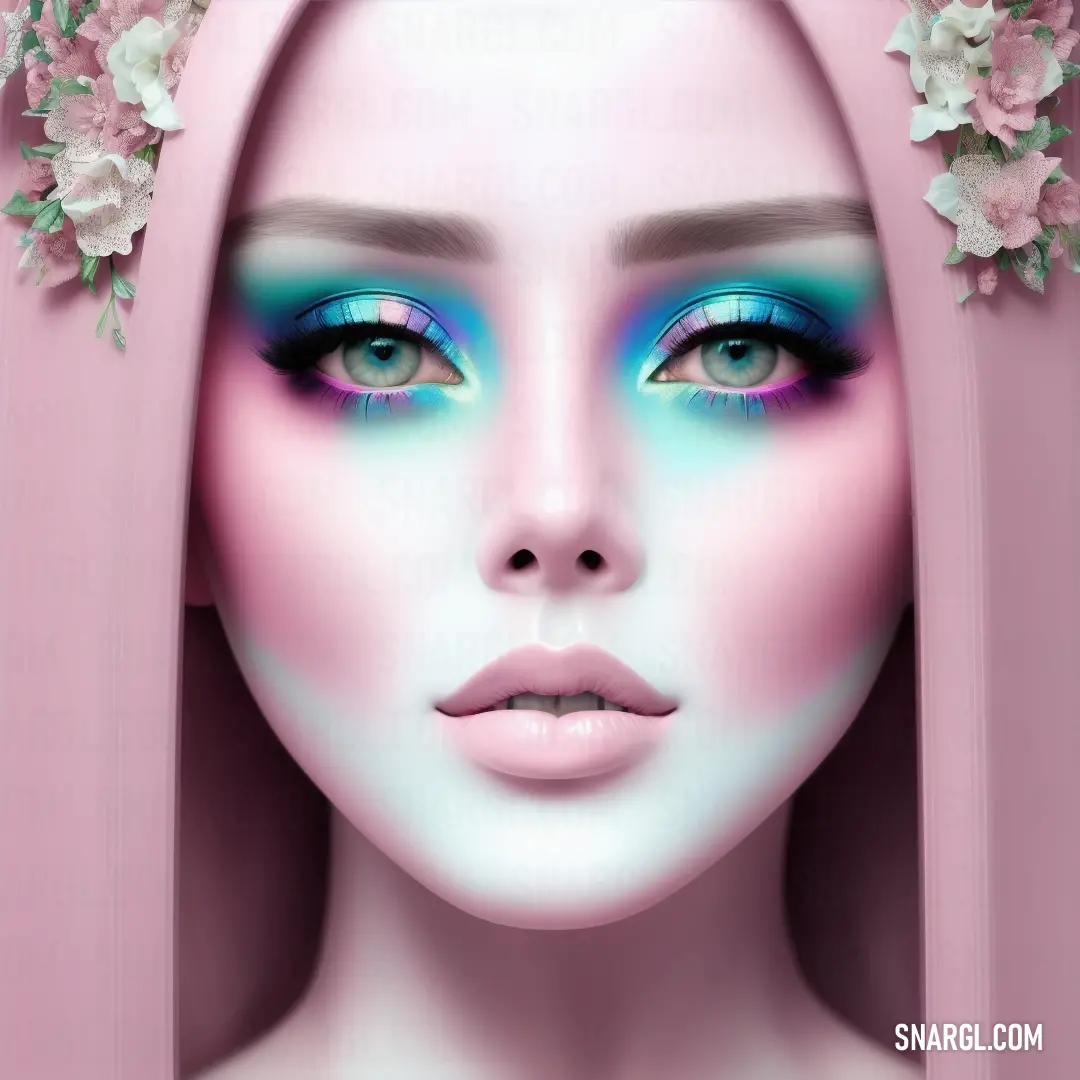 A woman with striking blue eyes and vibrant pink hair adorned with delicate flowers. She gazes forward, exuding a calm yet confident aura, with her colorful hair standing out against a soft background.