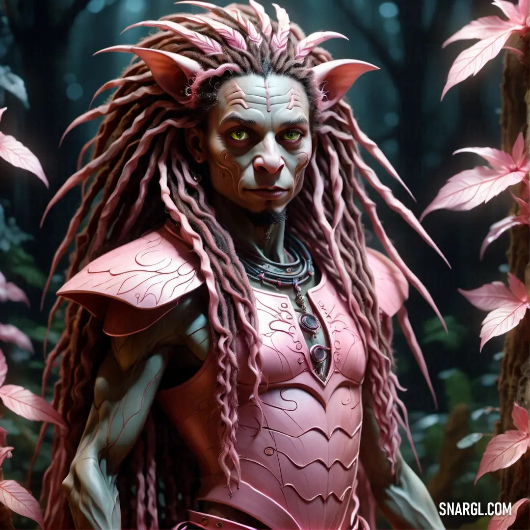 Woman with dreadlocks and a red dress in a forest with pink flowers and leaves on her head. Color #E7C9D2.