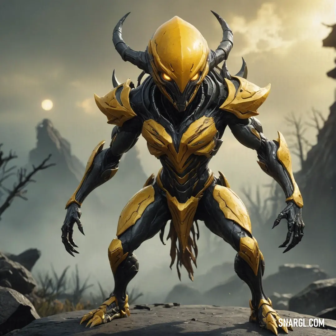 A mysterious yellow and black alien gazes out from a rocky ledge, nestled within a forest illuminated by the enchanting glow of a full moon, emanating an aura of intrigue and curiosity.