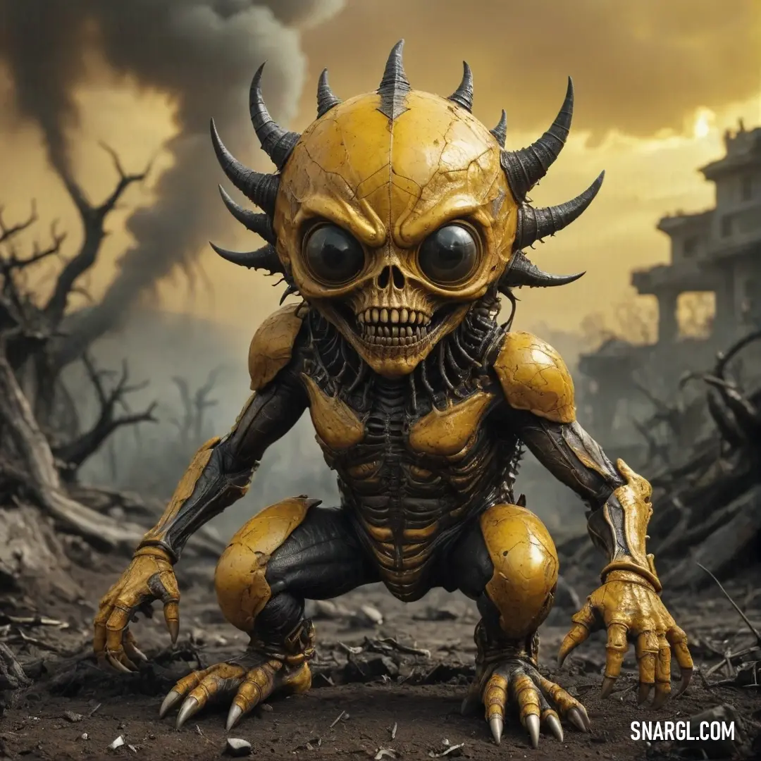 An intriguing yellow and black alien adorned with prominent horns and claws, exuding a distinct aura of otherworldliness. The creature's unique coloration of soft pinkish undertones adds a fascinating contrast to its fierce features.