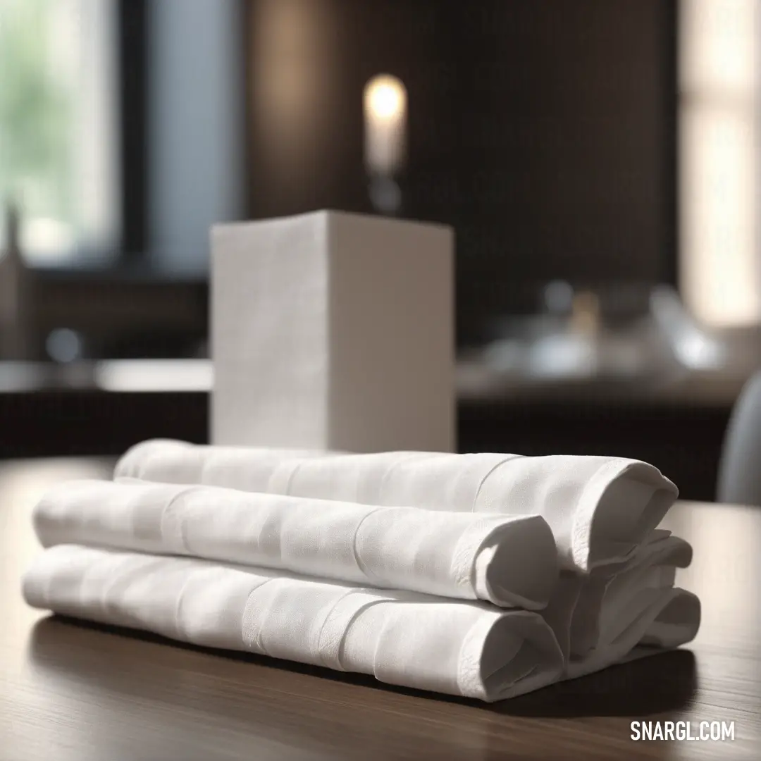 A stack of pristine white napkins rests on a table in a restaurant setting, with a soft candle glow in the background. The warm, inviting light and the neatly arranged napkins set the mood for a cozy, intimate dining experience.