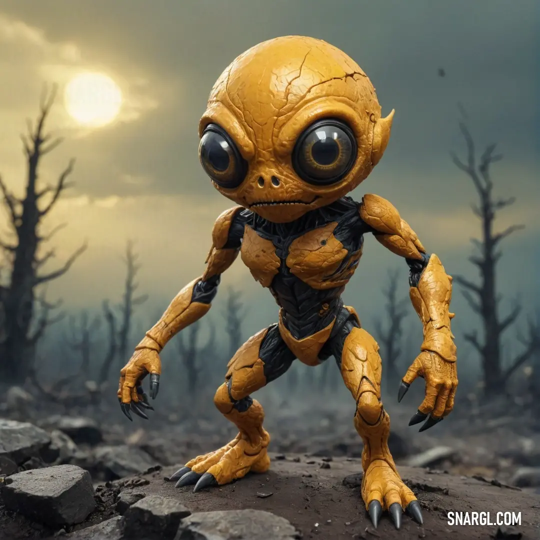 A whimsical yellow alien, with oversized eyes full of wonder, stands atop a rocky perch amid a backdrop of dark trees and a haunting full moon. This surreal scene sparks the imagination on an alien night.