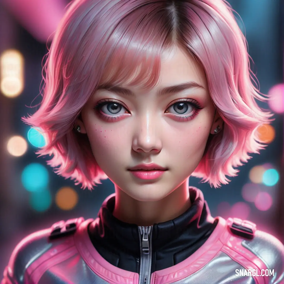 Digital painting of a woman with pink hair and a futuristic outfit with a futuristic look on her face. Example of PANTONE 2044 color.