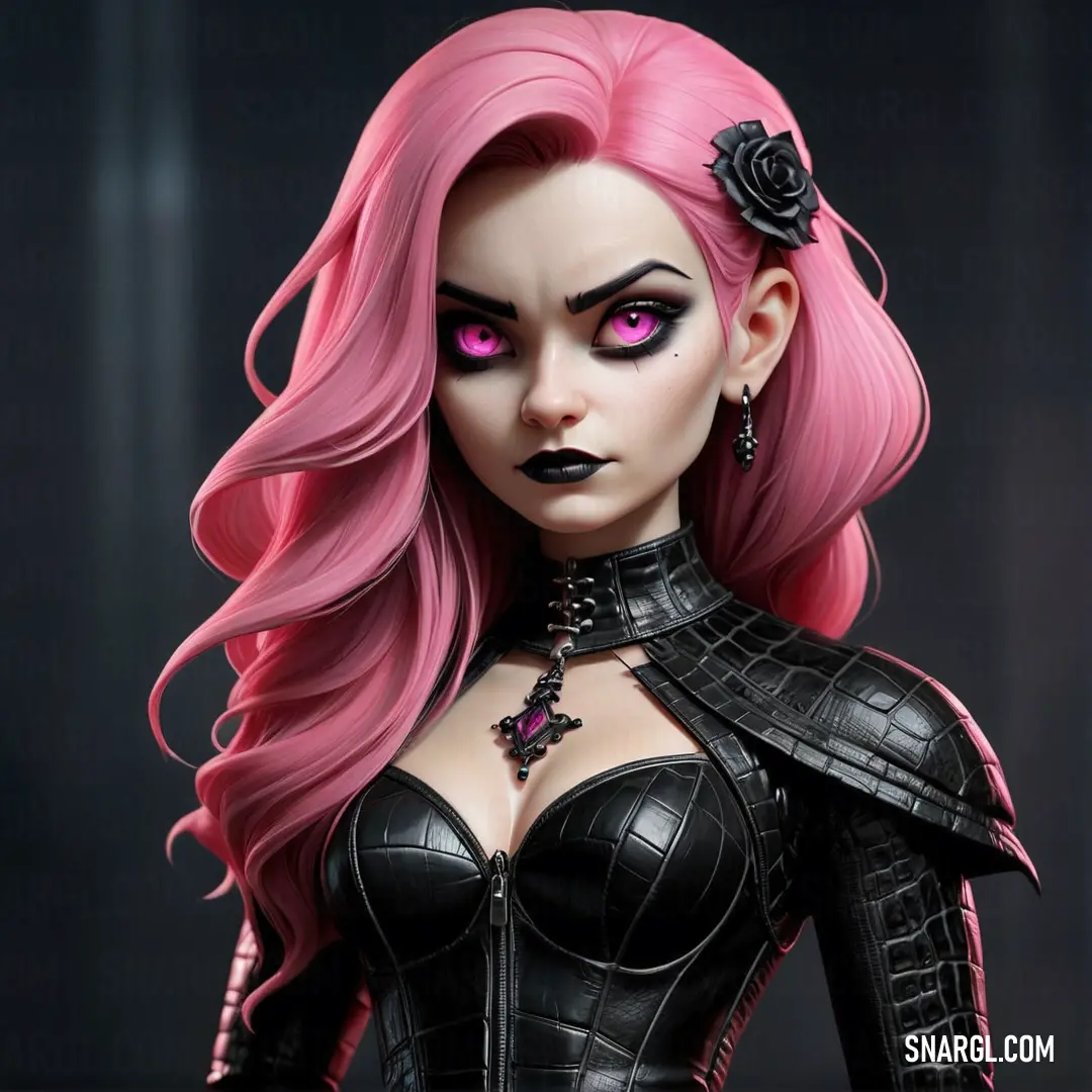 PANTONE 2044 color example: Doll with pink hair and black leather outfit with rose in her hair and a rose in her hair