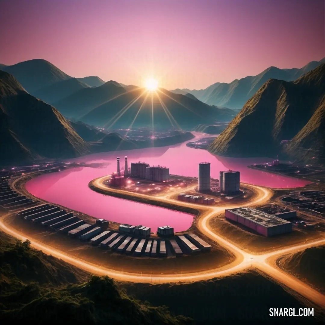 Futuristic city with a pink lake in the middle of it and mountains in the background. Example of CMYK 0,53,3,0 color.
