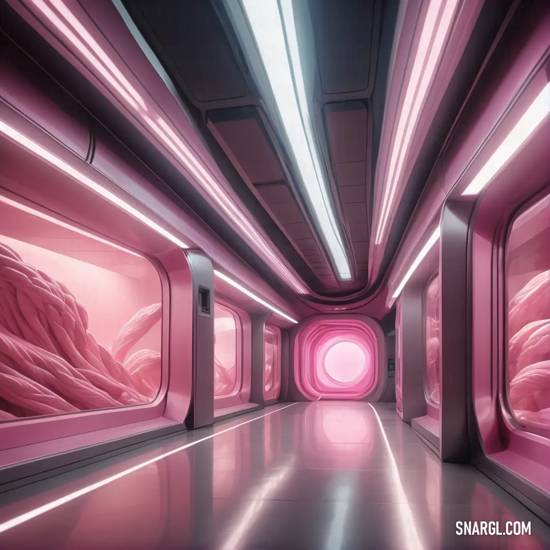 Long tunnel with a pink light coming from it's end and a pink light coming from the end. Color PANTONE 2044.