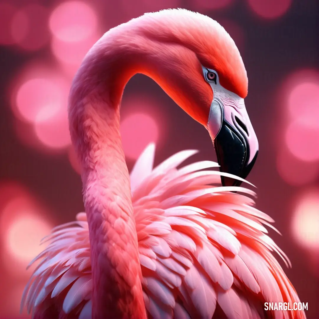 Pink flamingo with a black beak and a pink background. Example of #E391B1 color.