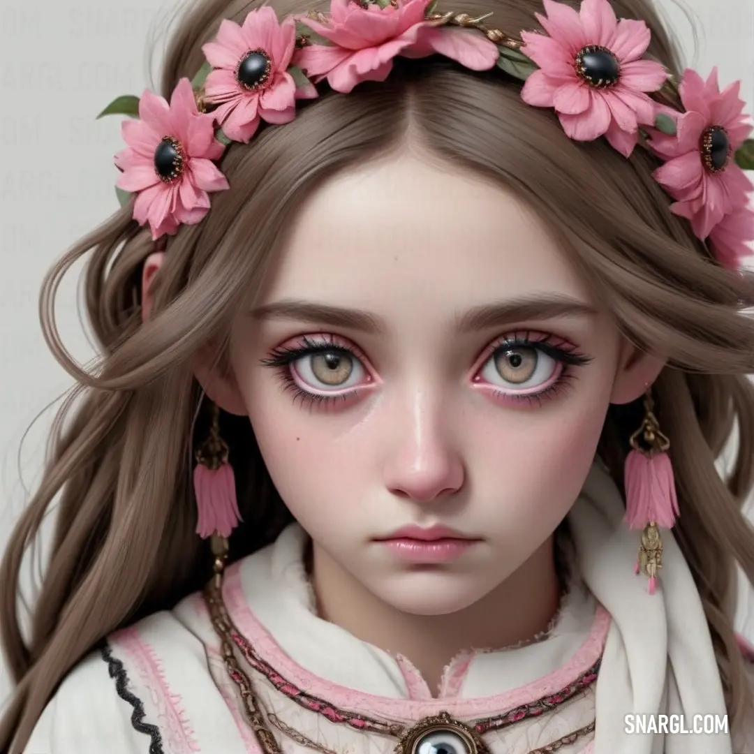 Girl with long hair and pink flowers in her hair and a necklace with a pearl and a pearl. Color #DD6D98.