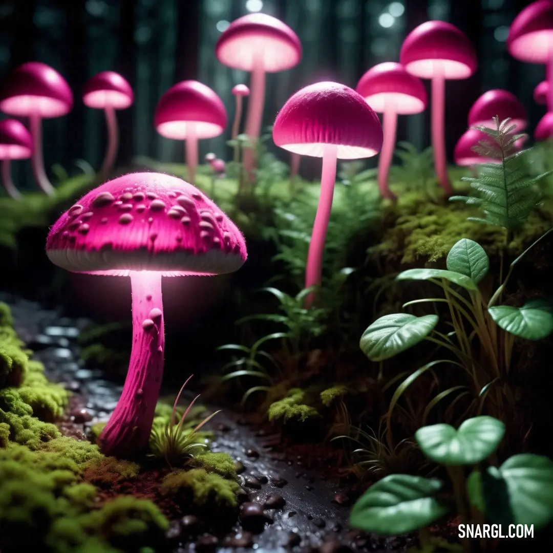 Group of pink mushrooms in a forest with green moss and plants on the ground and a dark background. Example of CMYK 0,67,5,0 color.