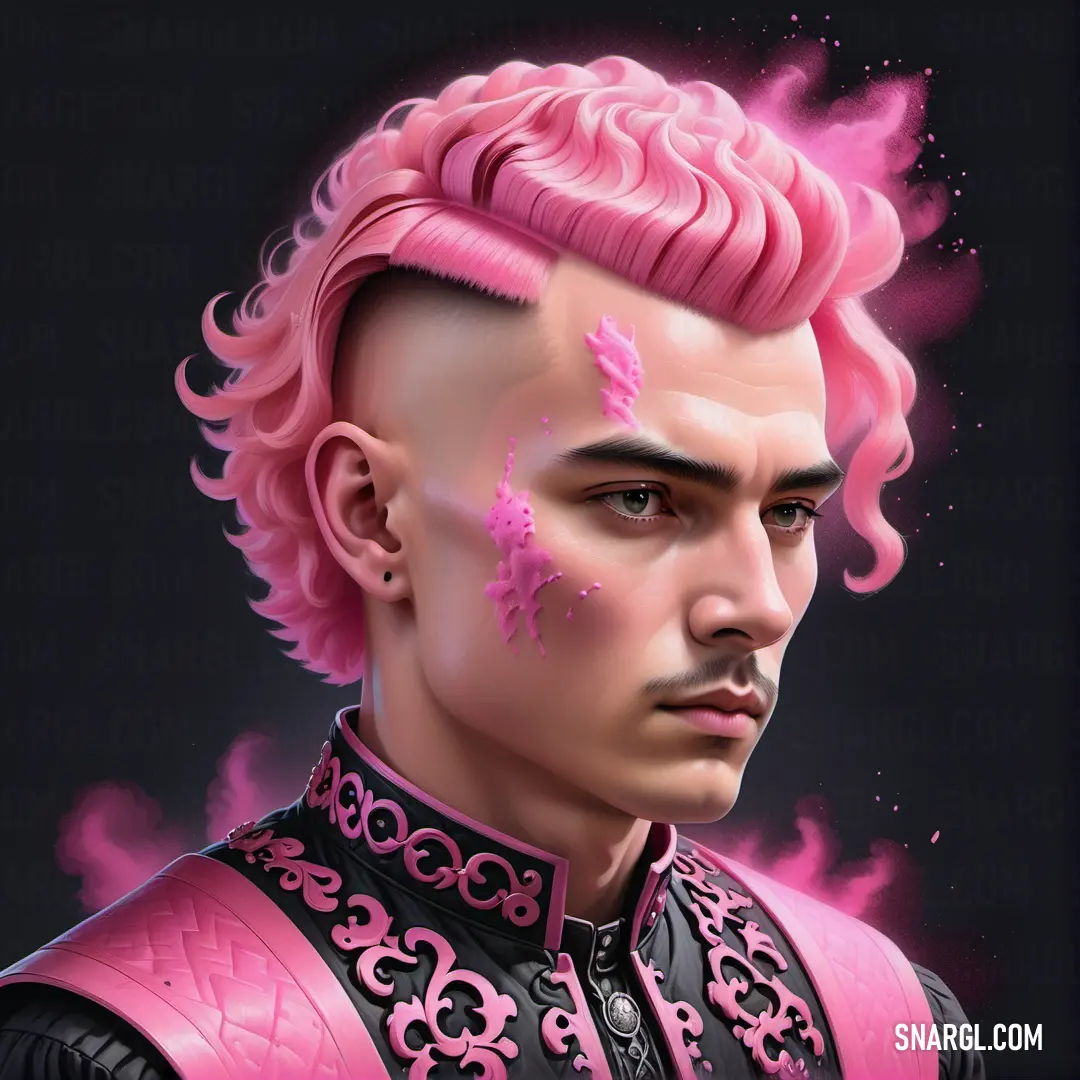 PANTONE 2045 color. Man with pink hair and a pink mohawk is wearing a pink suit and pink hair and a pink mohawk