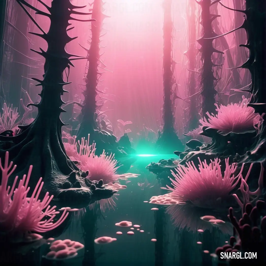 Pink and green forest with a green light coming from the center of the forest and plants growing on the ground