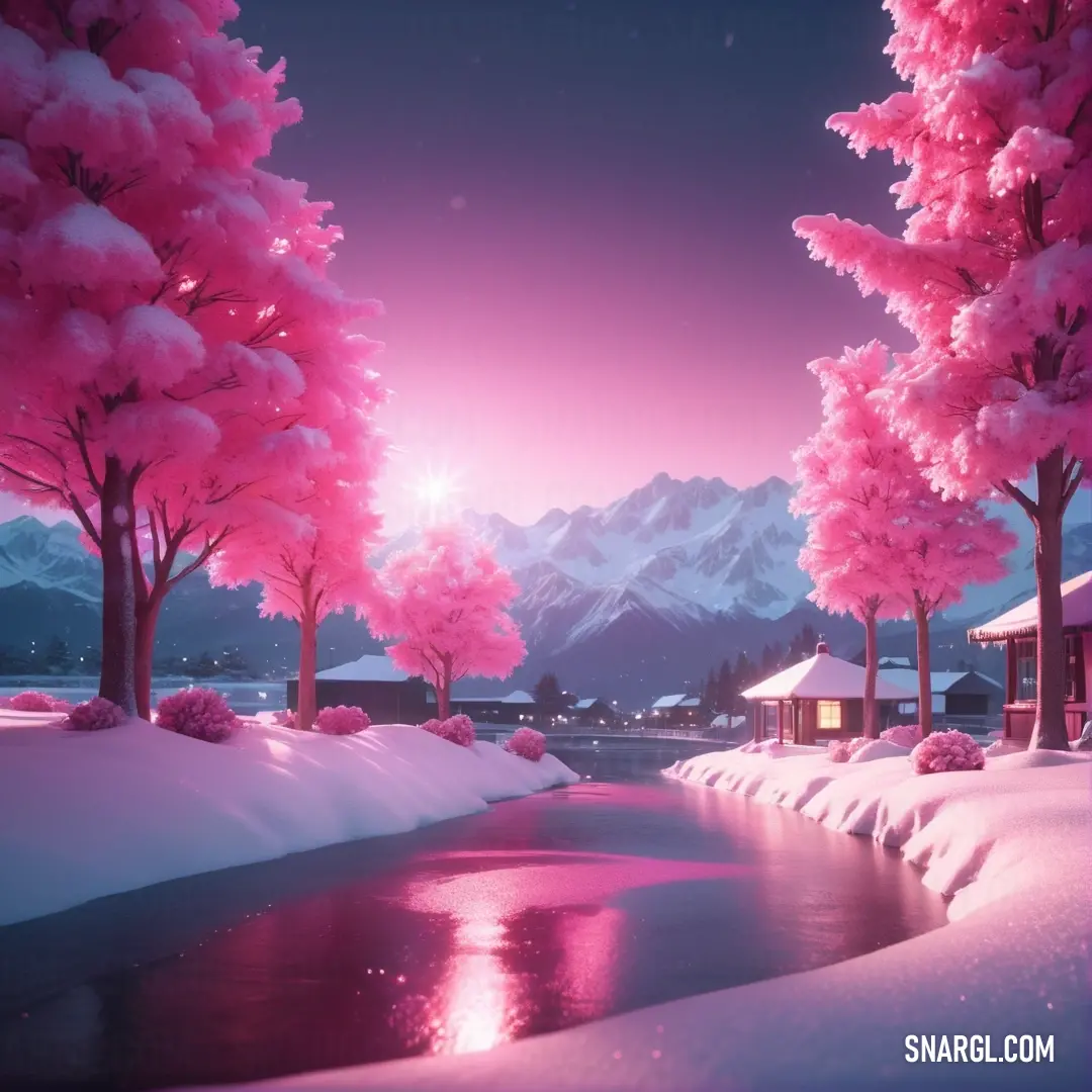 Pink landscape with a river and trees in the snow at night time with a pink sky and mountains in the background
