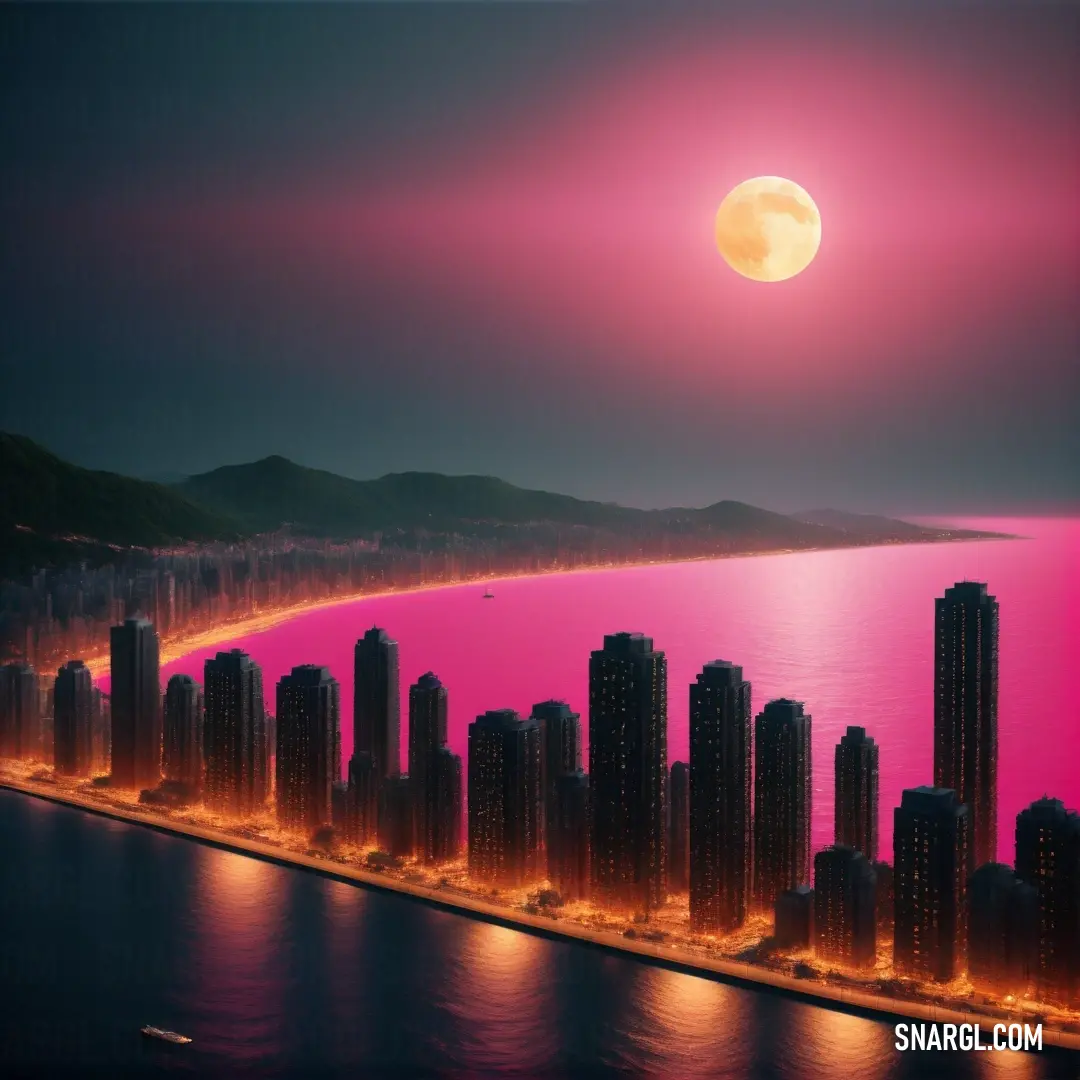 PANTONE 2046 color example: City skyline with a pink sky and a full moon over a body of water with a city on the shore