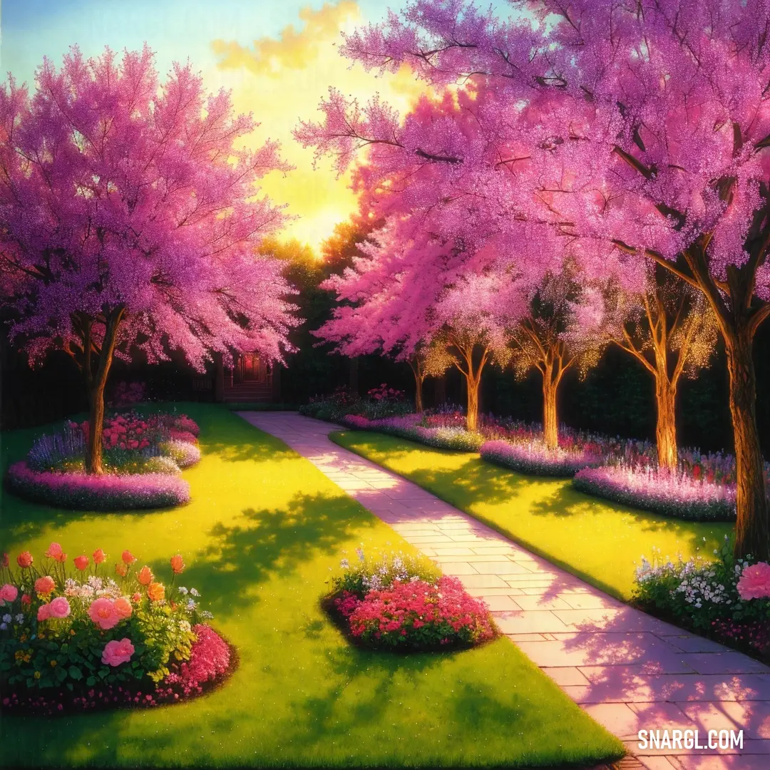 Painting of a garden with pink trees and flowers in the foreground. Example of PANTONE 2046 color.