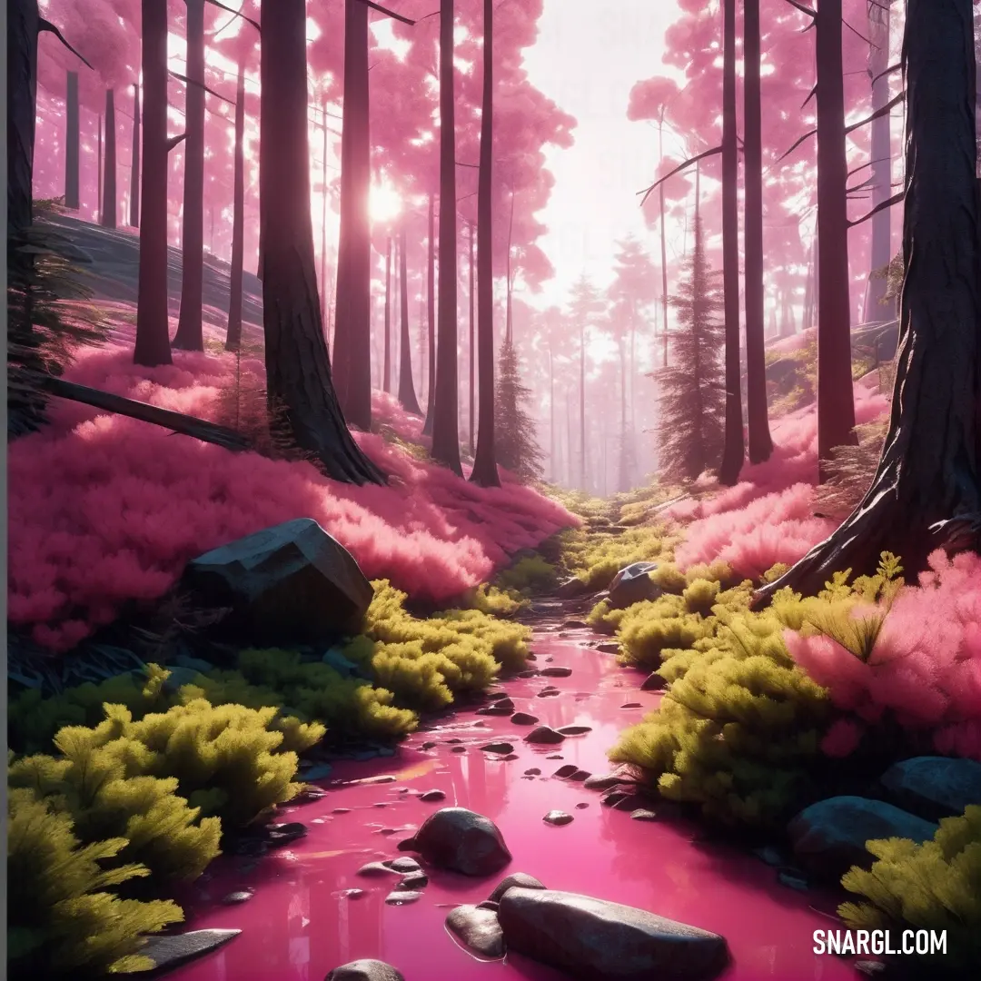 PANTONE 2046 color example: Painting of a stream in a forest with pink and green plants and rocks on the ground and trees