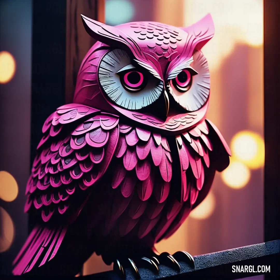 Pink owl statue on a fence post with lights in the background. Color RGB 210,73,127.