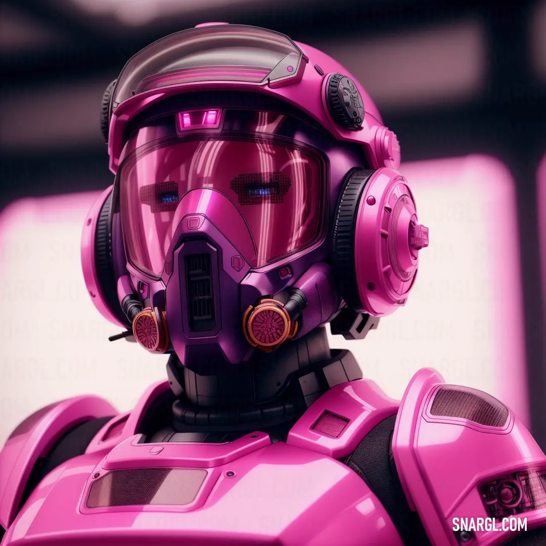 PANTONE 2046 color example: Pink robot with a helmet and goggles on it's face and a pink background