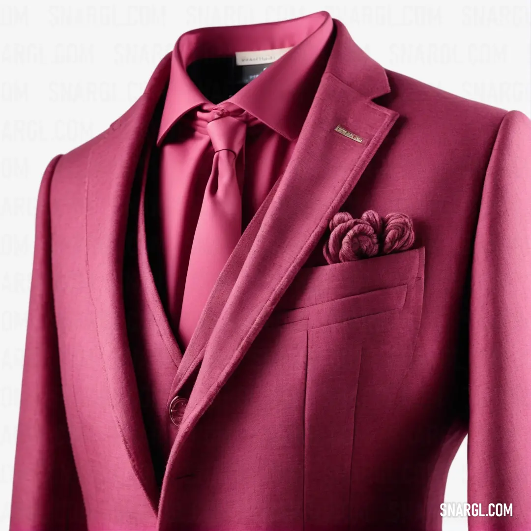 PANTONE 2046 color example: Pink suit with a flower on the lapel and a pink tie and pocket square shirt on a white background