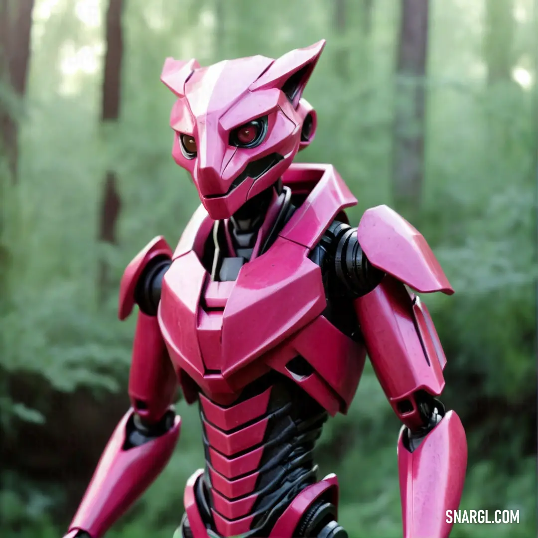 Robot that is standing in the woods with trees in the background. Color PANTONE 2046.