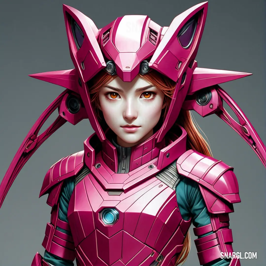 Woman in a pink suit with a helmet on her head and a large metal object on her head. Example of #D2497F color.
