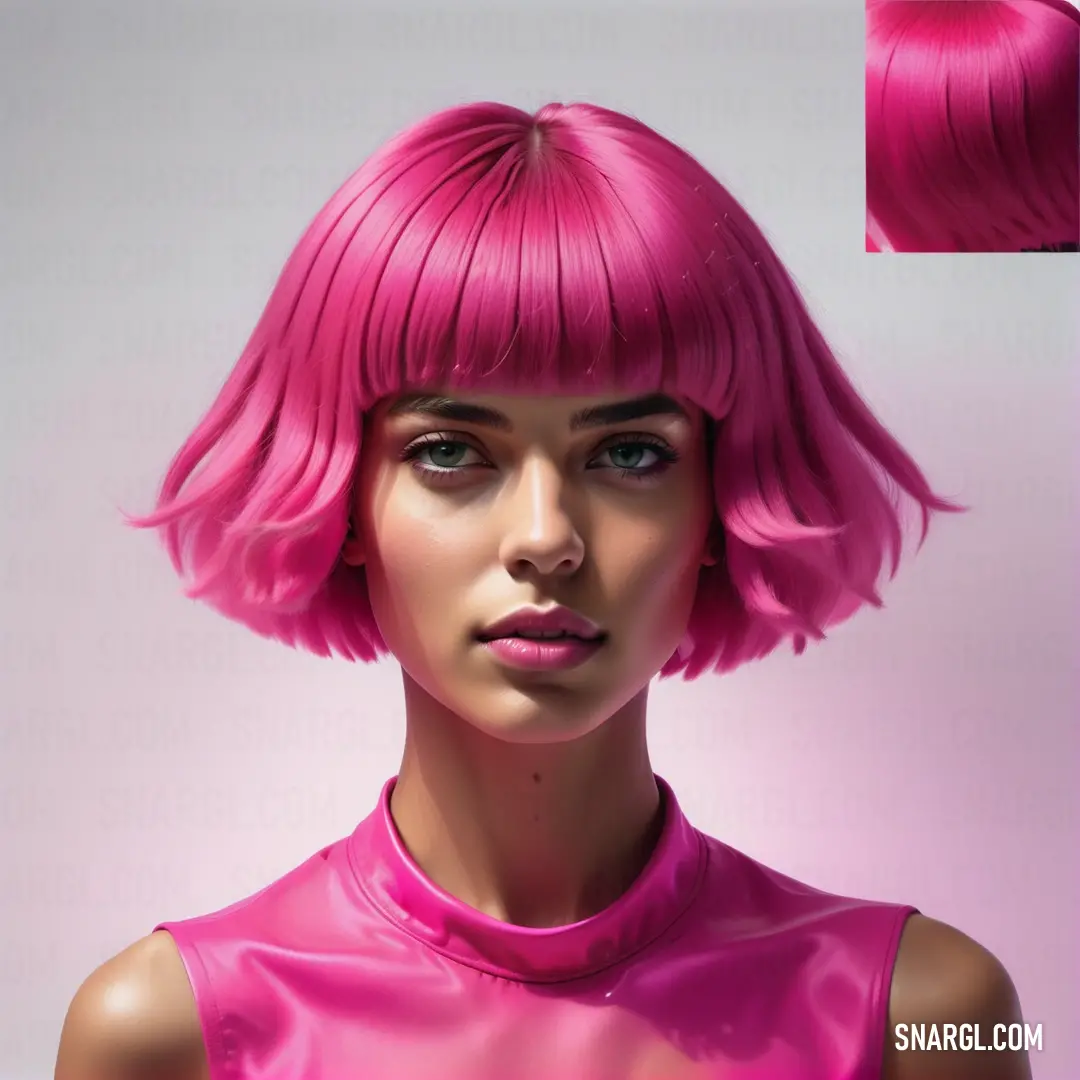 Woman with pink hair and a pink dress is shown in this digital painting style photo by alex krebsky. Color PANTONE 2046.