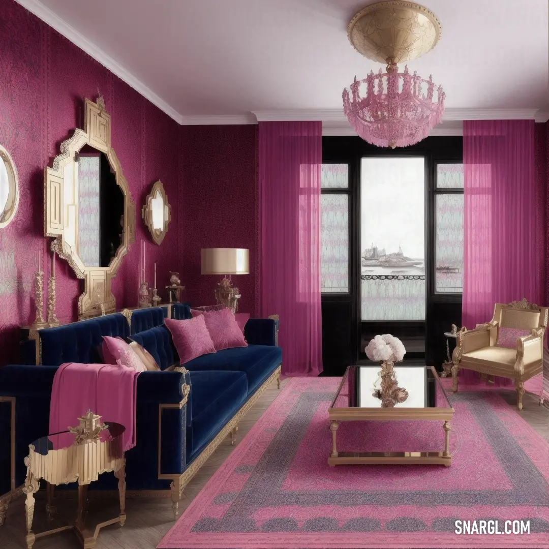 Living room with a couch, chair, table and chandelier in it and a pink rug. Color PANTONE 2047.