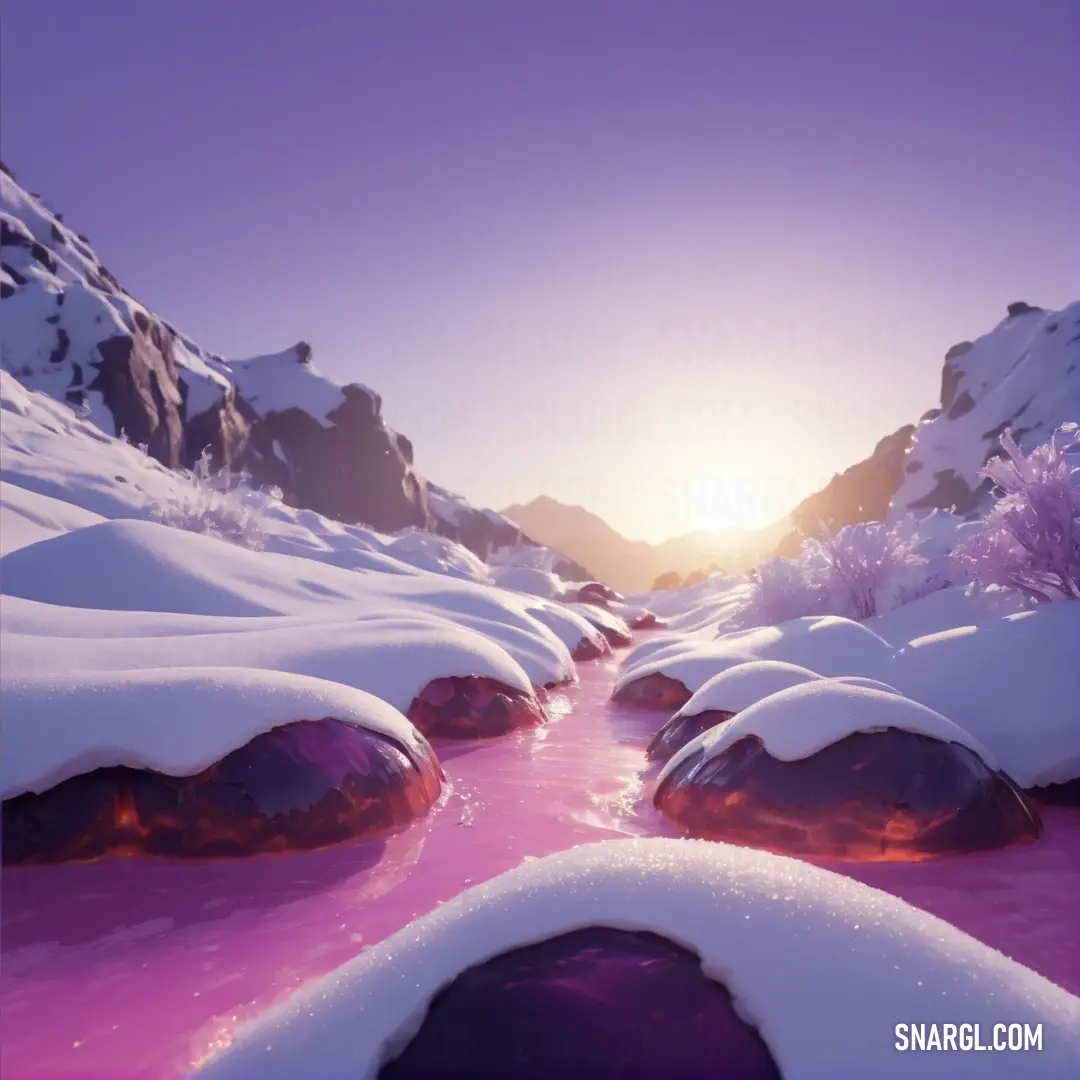 Snowy mountain landscape with a stream of water and rocks in the foreground and the sun in the background. Color RGB 160,58,99.