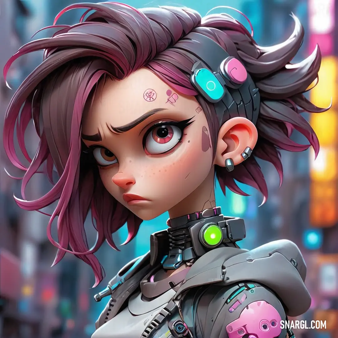 Cartoon character with pink hair and piercings on her head. Example of CMYK 16,88,24,34 color.