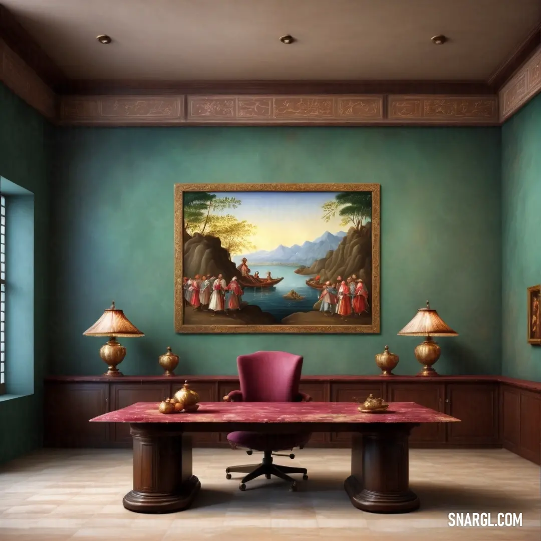 Painting of a painting of a landscape hangs in a room with a desk and chairs in front of it. Color PANTONE 2048.