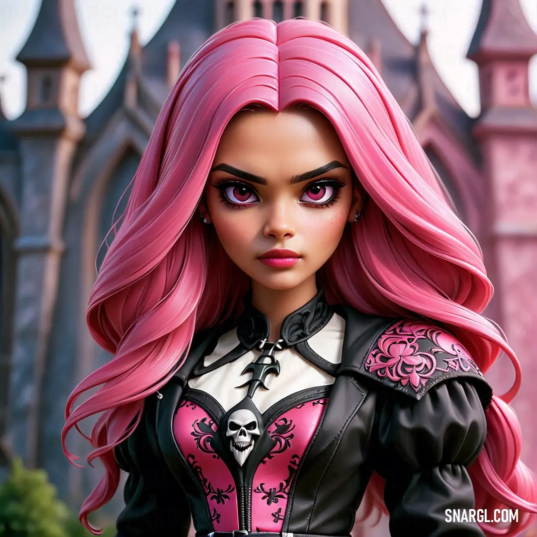 Doll with pink hair and a black outfit with a pink skull on it's chest and a castle in the background