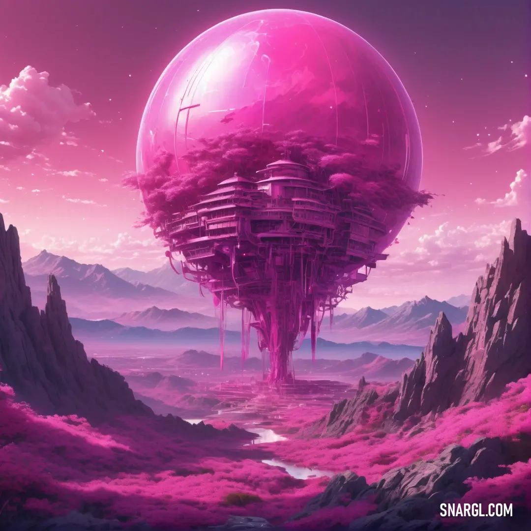Futuristic landscape with a giant pink object in the middle of the image and a stream running through it