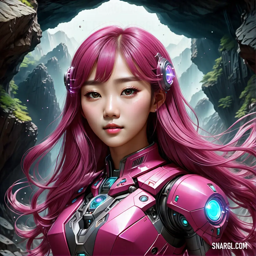 Girl with pink hair and a futuristic suit in a cave with a mountain background