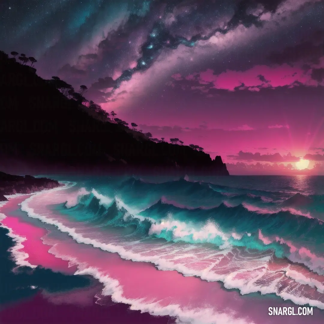 Painting of a sunset over a body of water with waves crashing against the shore and a star filled sky