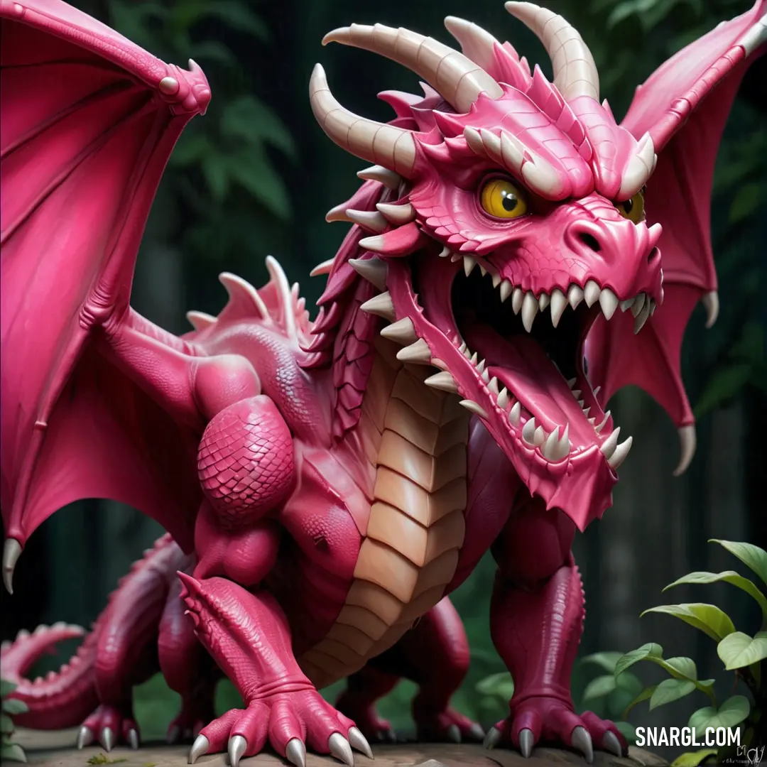 Pink dragon statue on top of a rock in a forest with trees in the background and a green plant