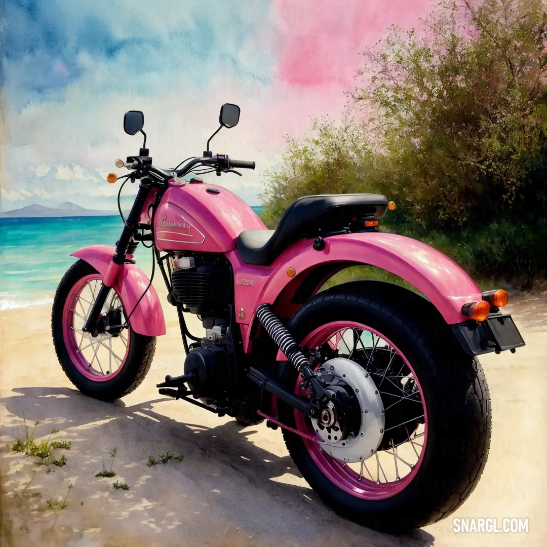 Pink motorcycle parked on a beach near the ocean and trees