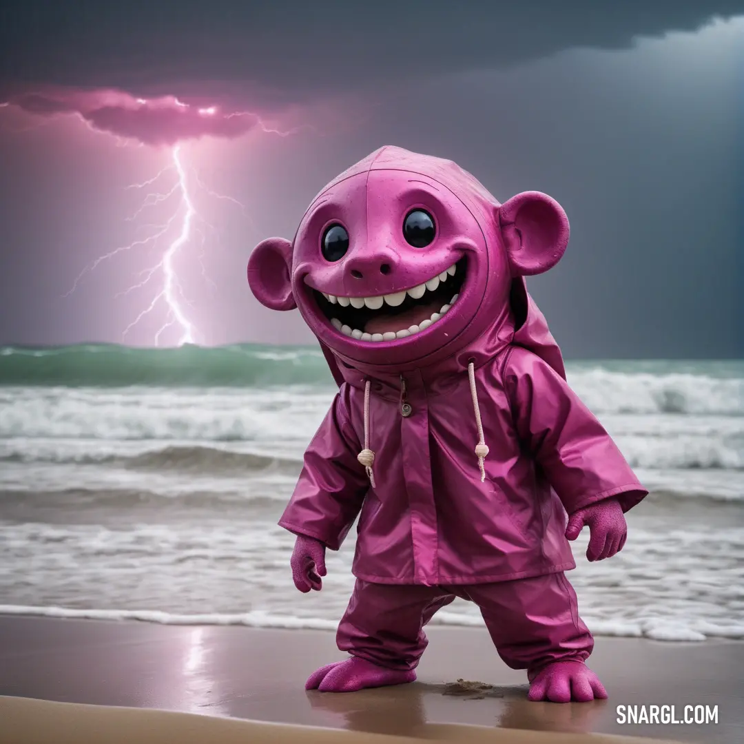 Purple monster is standing on the beach with a lightning in the background and a pink cloud in the sky