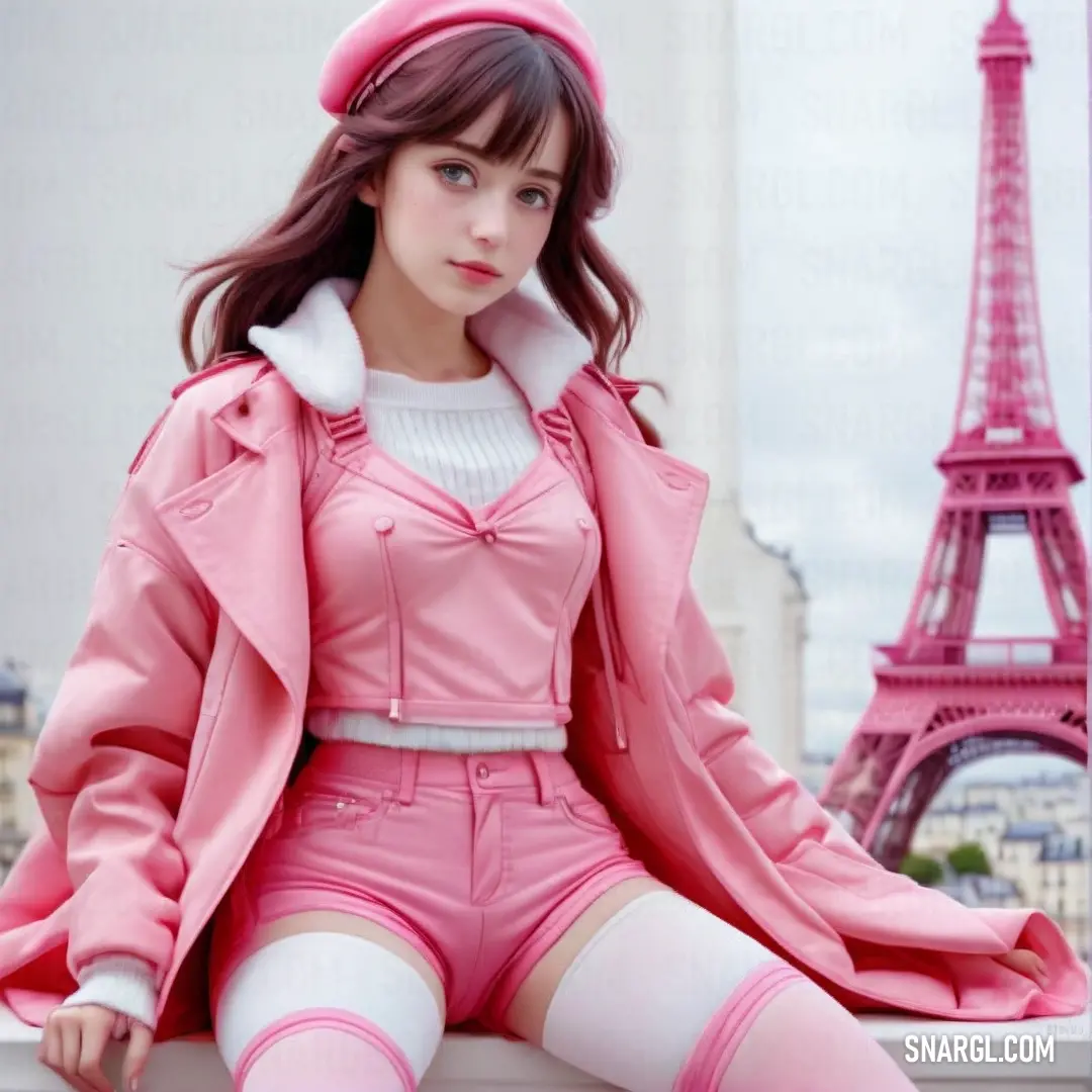 Woman in pink is on a ledge in front of the eiffel tower in paris