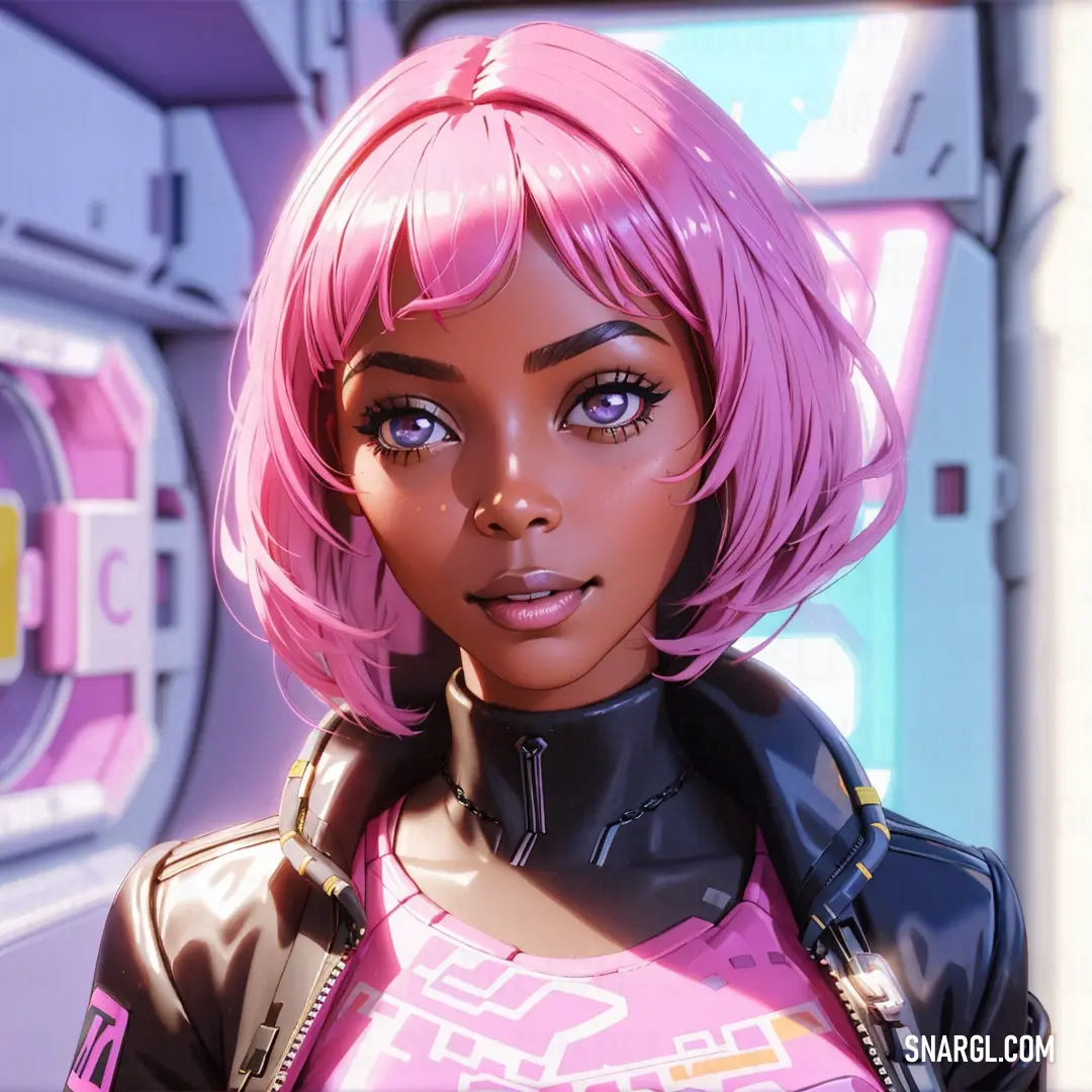 Woman with pink hair and a black jacket in a futuristic setting with a pink background and a yellow light
