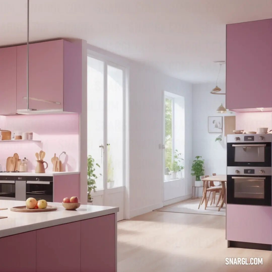 PANTONE 2051 color example: Kitchen with a pink and white color scheme and a wooden floor and counter top with a sink and oven