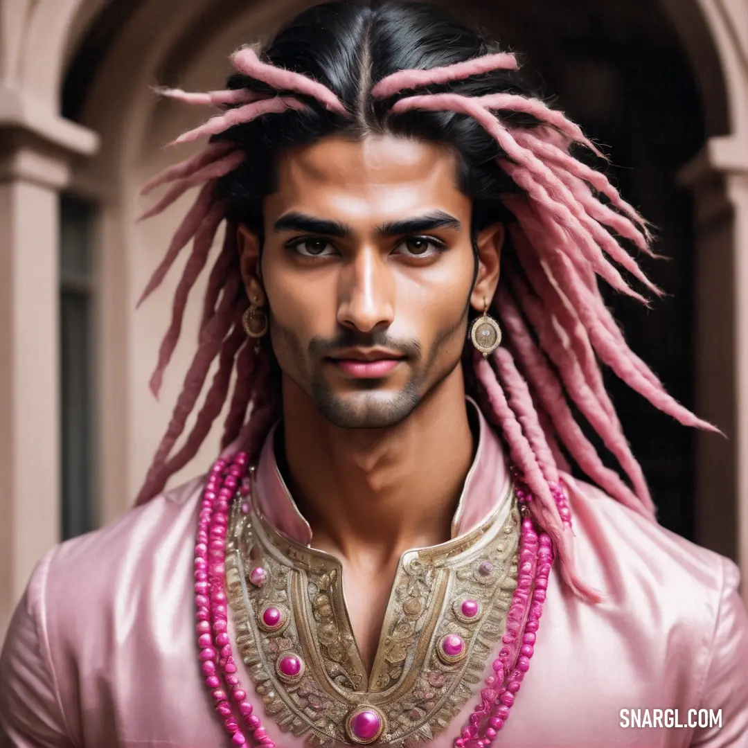 Man with dreadlocks and a pink shirt and necklace on his neck and chest. Example of RGB 220,196,206 color.