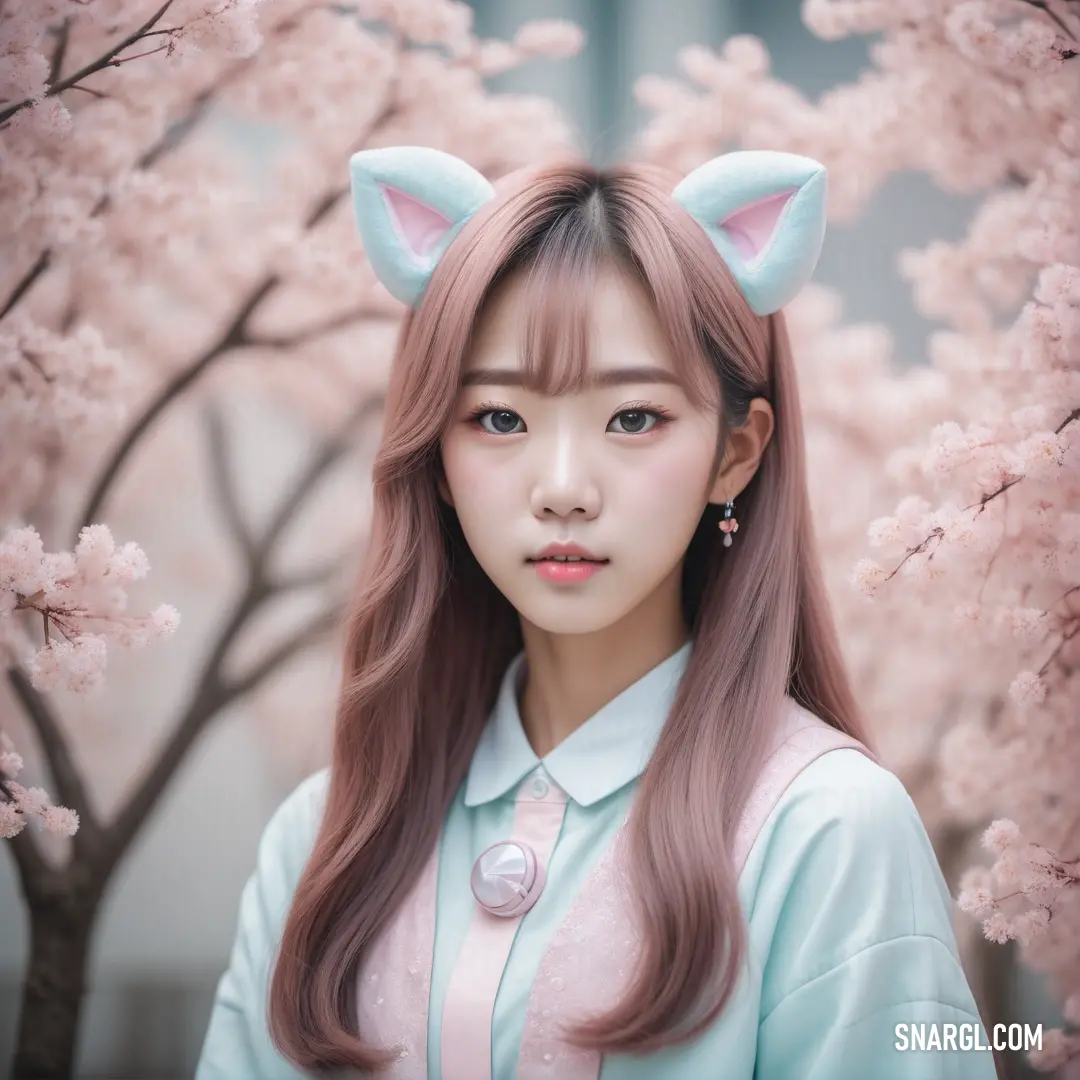 Woman with long hair and a cat ears on her head standing in front of a tree with pink flowers. Color RGB 220,196,206.