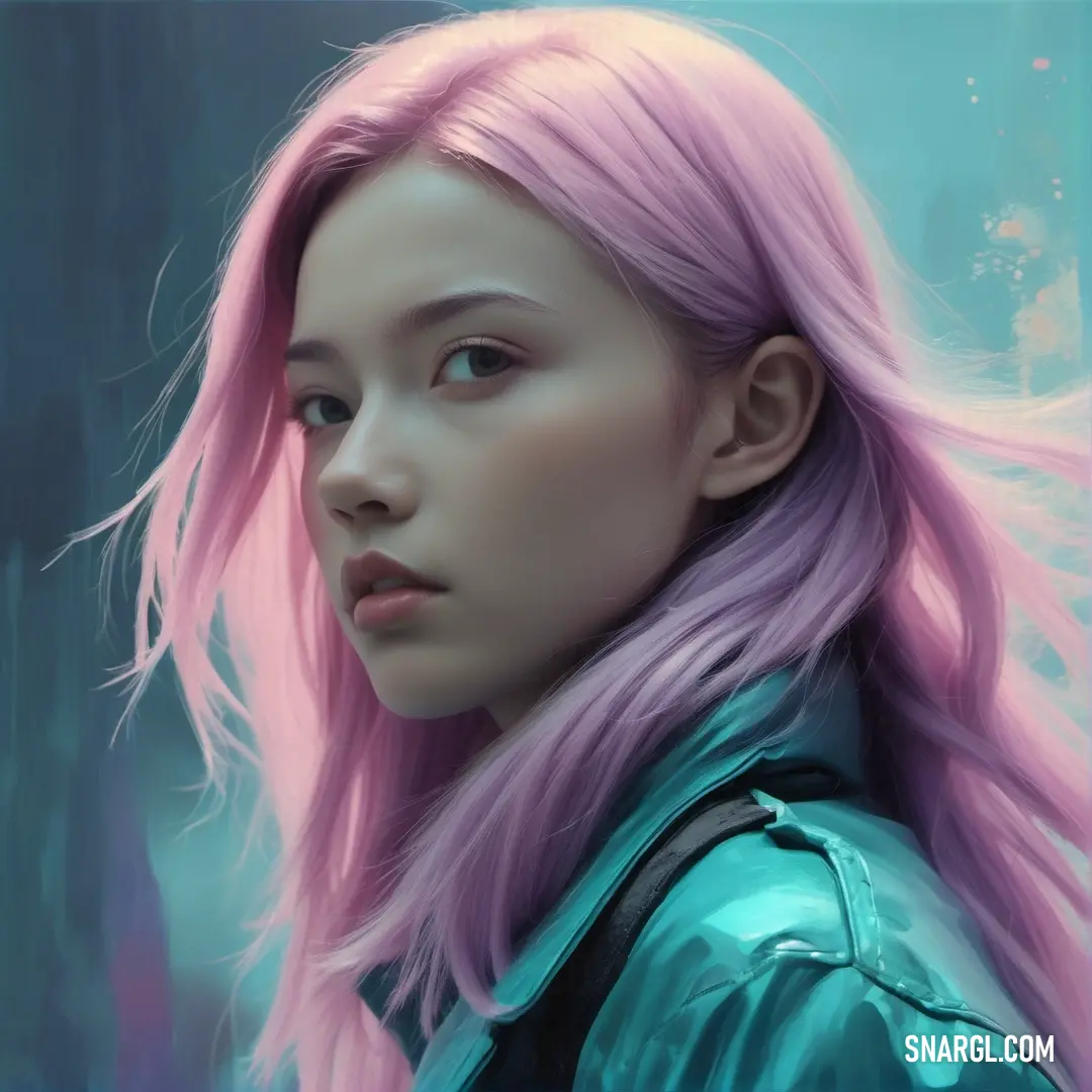 Digital painting of a woman with pink hair and a blue jacket on her shoulders and a blue background. Color PANTONE 2052.