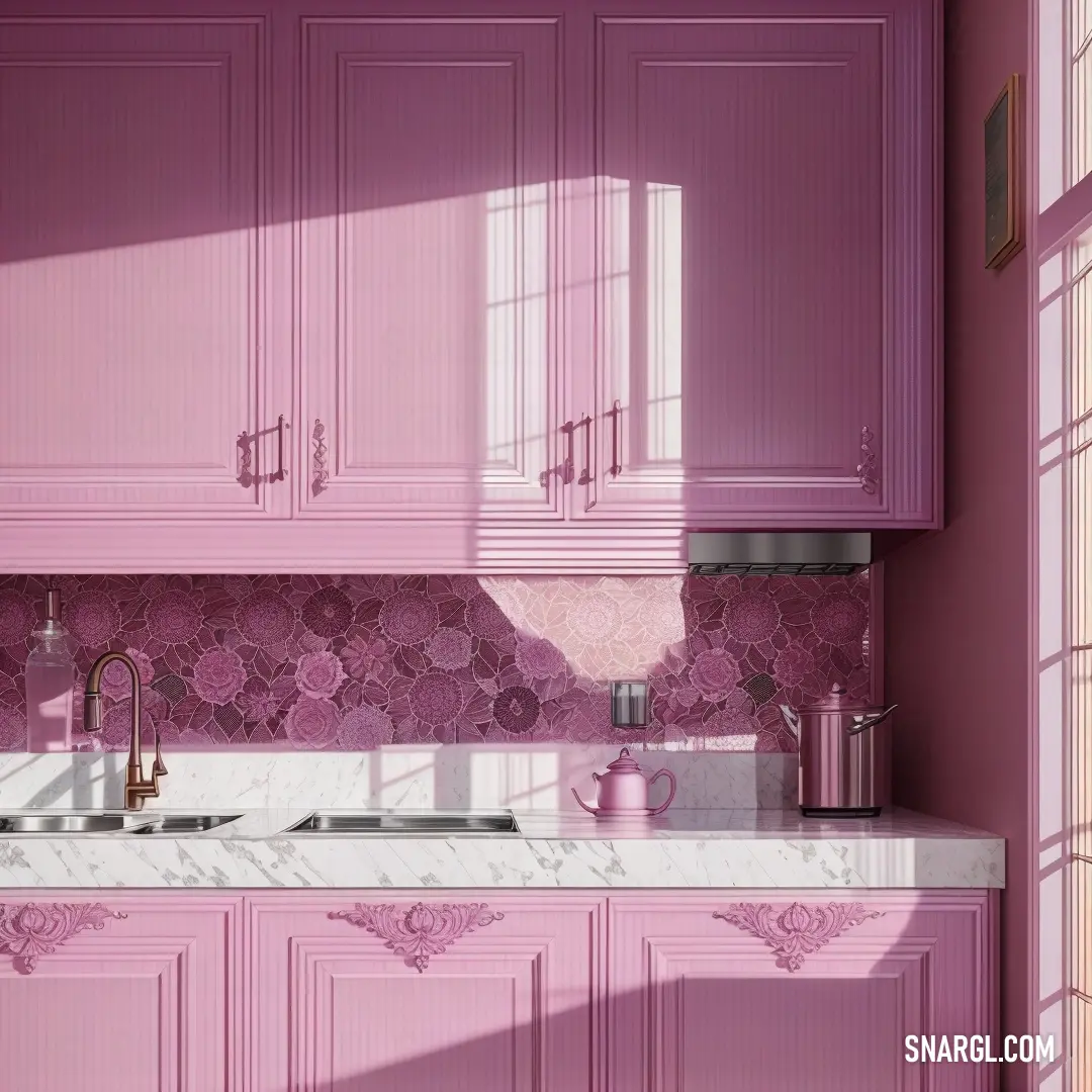 Kitchen with pink cabinets and a marble counter top and a sink with a faucet and a window. Color #C7A1B2.